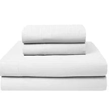 Brilliant white queen cotton sateen sheet set, neatly folded with smooth fabric