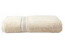 Linen bath towel rolled in beige with stitched border stripes