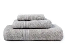 Gray bath towel set, neatly folded stack with visible seam lines