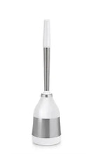 Toilet brush with white base and chrome handle, topped with bristle head