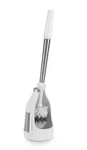 Toilet brush with white holder, chrome handle, and round bristle head