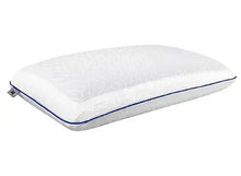 Memory foam bed pillow, white with blue piping along the edge