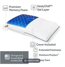 Gel memory foam bed pillow with blue gel layer top, white cover included