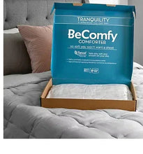 King size comforter in box, light gray quilted bedding with soft folds