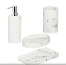 Marble-pattern bath accessory set: lotion dispenser, toothbrush holder, soap dish, and cup