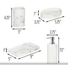 Marble-look bath accessory set with soap dish, toothbrush holder, lotion dispenser, and cup