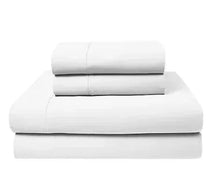 Folded white satin sheet set stack with flat sheets and pillowcases