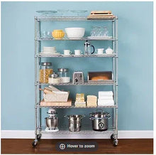 Chrome steel 6-shelf wire rack with side frames and caster wheels, front view