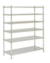 Chrome 6-shelf wire rack with upright posts and multiple grated shelves, side view