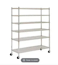 Chrome 6-shelf steel rack with wire shelves and caster wheels, standing empty