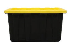 27 gallon storage tote with yellow lid, black body.
