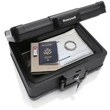 Fireproof waterproof chest safe with open lid, Honeywell lock, documents inside
