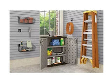 Gray base storage cabinet with double doors open, interior shelves and hooks visible