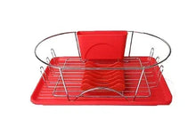 Red and silver 17-inch dish rack with wire drainer and base tray