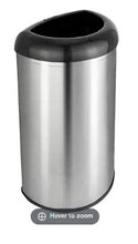 Stainless steel open-top trash can with black rim, cylindrical, smooth finish