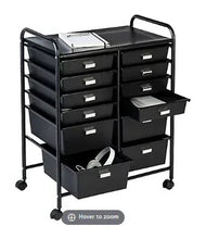 Black rolling storage cart with 12 drawers, side handle, and pull-out compartments