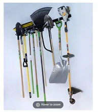 Tool storage rail set with hooks holding shovels and hand tools, 48 in, 2-pack
