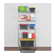 5-tier wire shelving unit with metal frame and multi-color storage bins