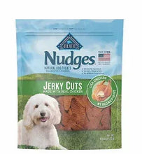 Dog jerky treat pouch with Blue Nudges branding and chicken flavor badge
