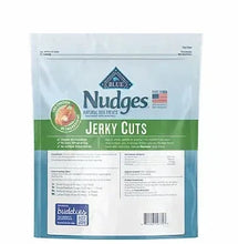 Dog jerky treat pouch, white and blue with NUDGES JERKY CUTS label