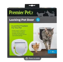 Premier Pet locking pet door retail box, for 1–25 lb pets, with flap illustration