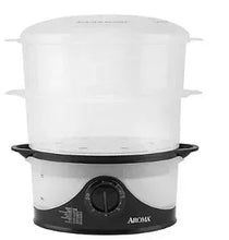 Black 2-tier electric food steamer with clear white top and warming base
