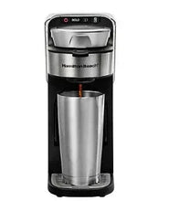 Black single-serve coffee maker with stainless cup holder and drip tray