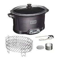 Black slow cooker smoker unit with lid, wire basket, and accessories