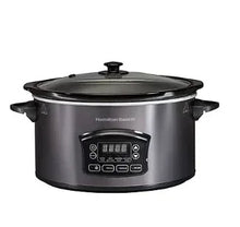Black defrost slow cooker with glass lid and side handles, stainless pot and control panel