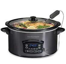 Black slow cooker with glass lid and digital display control panel, stainless cooking pot