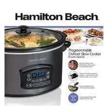 Black programmable defrost slow cooker, glass lid, digital control panel, 6-qt capacity