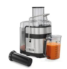 Juice extractor with stainless housing, clear lid, and black pulp pusher