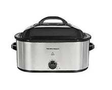 Electric roaster oven with stainless steel body, black lid, front temperature dial