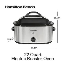 Electric roaster oven, stainless steel exterior with black lid and side handles