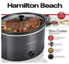 Hamilton Beach 10-quart slow cooker with lid open, showing prepared meal inside