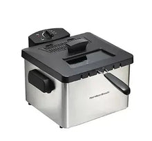 Stainless deep fryer with black control panel and lid, front view