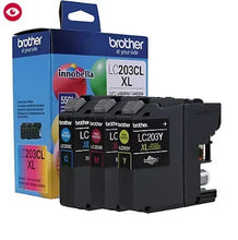 Brother LC203 XL ink cartridges set with color labels in plastic tray