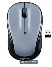 Wireless mouse with light gray top and black sides, central scroll wheel