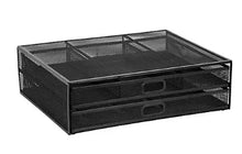 Mesh monitor riser with two open drawer trays; rectangular metal frame
