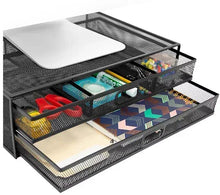 Mesh monitor riser with two drawer trays; metal frame with mesh sides