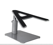 Height adjustable laptop riser with black platform and silver metal legs