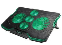 Gaming laptop cooling pad with green LED fans and adjustable stand