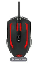 Black wired gaming mouse with red LED-style side strips and scroll controls