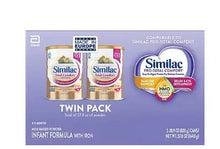Infant formula twin pack powder cans, beige and purple labels, plastic lids