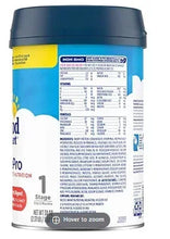 Infant formula canister back label with nutrition facts panel, blue and white