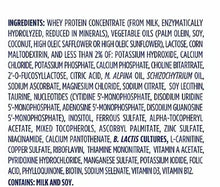 Infant formula ingredients list text on canister label, close-up