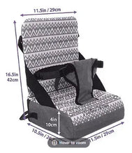 Travel booster seat with zigzag back and seat, showing labeled size measurements