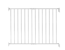 Baby safety gate with white frame and vertical bars for stair openings