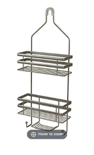 Gray metal shower caddy with three wire shelves