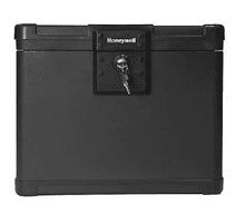 Black Honeywell fireproof file chest with key lock and latch handle